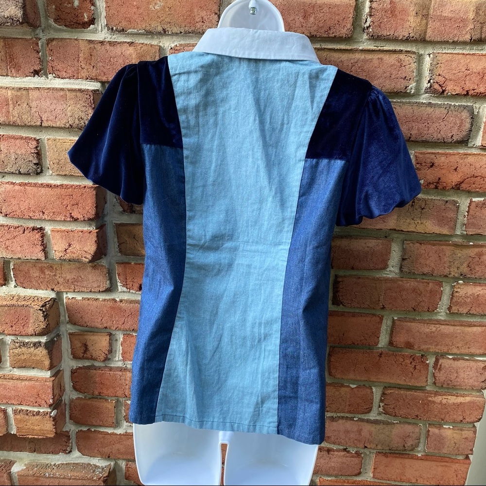 Blue Color Block Velvet & Chambray Button Shirt S - image 8